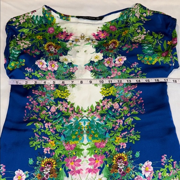 Zara Woman Silk Dress Blue Green Mini Cap Sleeves Sexy Lightweight Floral Sz XS - Picture 6 of 8